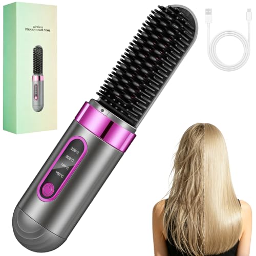 BUTBU Brosse Lissante Sans Fil Rechargeable, Brosse Chauffante Coiffante Portable, Lisseur Boucleur Cheveux avec 4 Réglages de Température, Céramique...