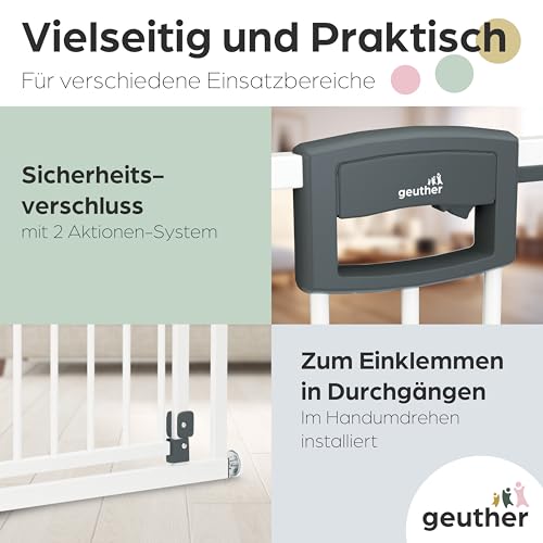 Geuther Türschutzgitter Easylock Plus | Treppenschutzgitter ohne Bohren Breite 68-76 cm | Türgitter Baby Holz-Metall | Kinderschutzgitter beidseitig öffnend | Kindersicherung Tür | Weiß