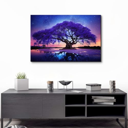 Image of Purple Tree Landscape Wall Art Blue Starry Night Picture Artwork for Living Room Wall Decor Abstract Nature Scenery Canvas Print Painting for Modern Bedroom Bathroom Home Office Decoration 24x36 inch