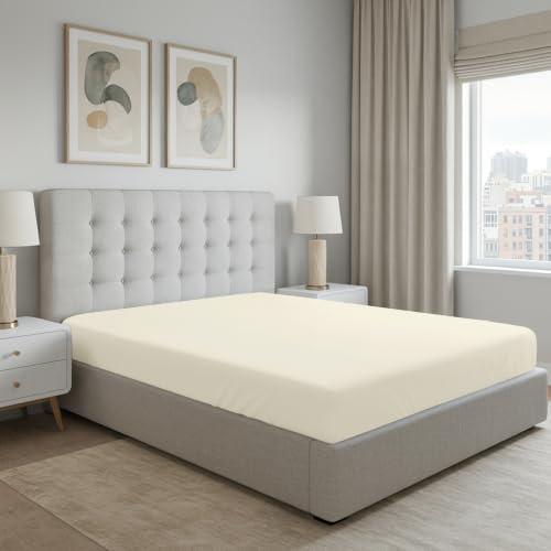 Pizuna Pure 100% Cotton King Fitted Bed Sheet 180x200 cm New Ivory 400 Thread Count Cool Luxury Soft Long Staple Cotton Sateen Weave 40cm Deep Pocket Bedsheet (Fitted Sheet -1PC)