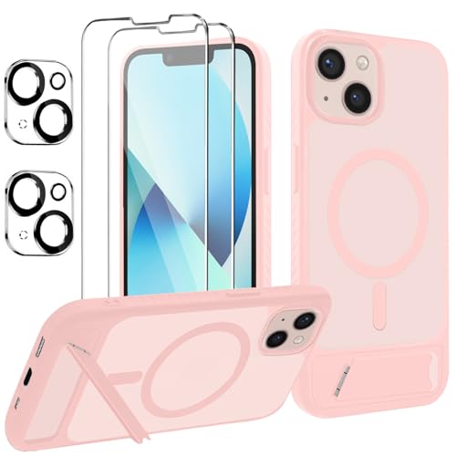 jrester Coque Magnétique pour iPhone 13 avec Support, Coque de Protection TPU Mat, avec 2 Tempered Glass Screen Protector Film + 2 Protections Caméra pour iPhone 13 - Rose