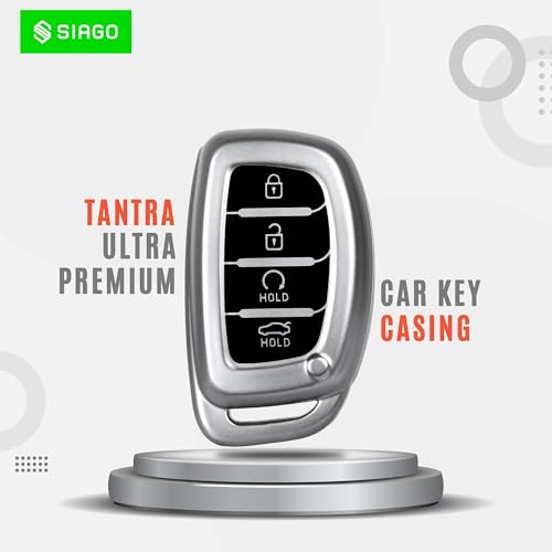 Image of SIAGO Premium TPU Car Key Cover and Metal Keychain Compatible with Hyundai Alcazar and Creta 2021 2022 & 2023 Car 4 Button Smart Key (Grey)