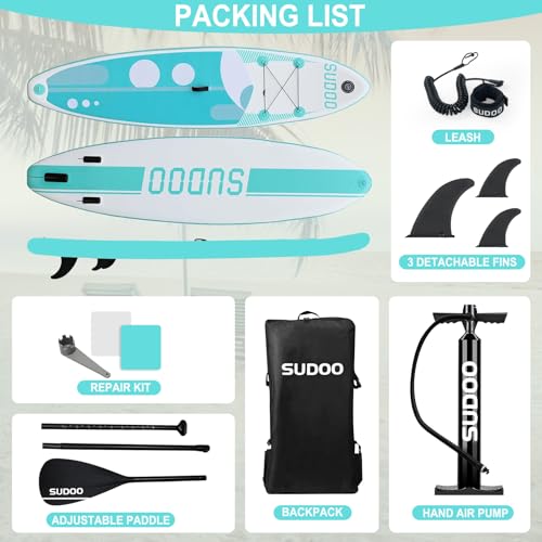 SUDOO Inflatable Stand Up Paddle Board. 10.6\'x33 x6 Stand-Up Paddleboards. Ultra-Light SUP Board for Adults & Youth. Paddle Boards incl Paddle/Pump/Backpack/Leash/3 Fins/Non-Slip Deckpad/Repair Kit