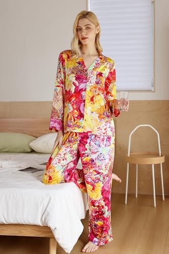 Image of YiNi LuLu Womens Silk Satin Pajamas Set Button Down 2 Piece Pjs Long Sleeve Oversized Sleepwear with Pockets