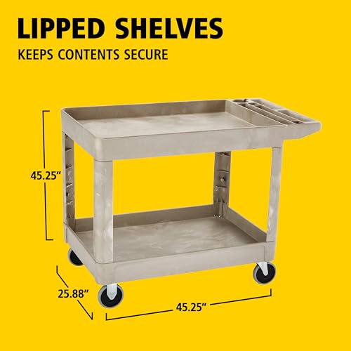 Image of Rubbermaid Commercial Products Heavy Duty 2-Shelf Utility /Service Cart, Medium, Lipped Shelves, Storage Handle, 500 lbs. Capacity, Beige, for Warehouse /Garage /Cleaning /Maintenance