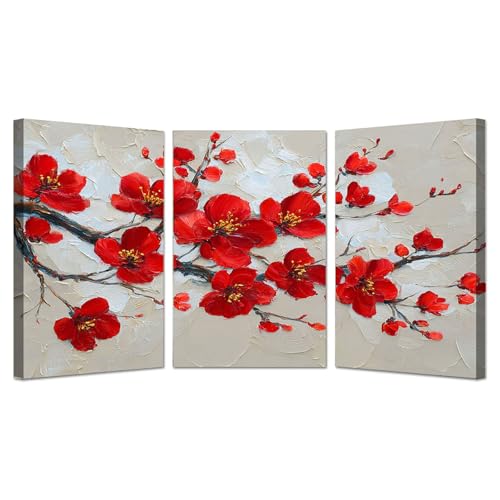 Tableau Fleurs rétro pour salon et bain lot de 3 peintures modernes rouges