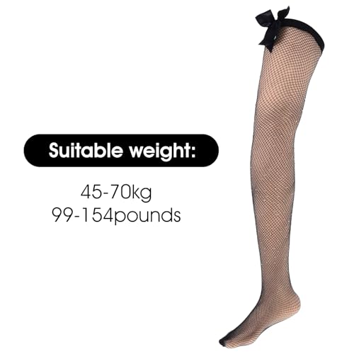 Image of 2 Pcs Sexy Women's Hold-up Stockings with Black Bows and Diamond-Ironing, Sparkly Thigh High Stockings Matching with Skirt Dress Shirt, Nylon Fishnet Socks for Party Halloween (90-140 Pounds)