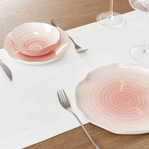 Image of ZeeMart Linen Textured Border Table Runner, 14 x 108 Inch White, Farmhouse Style White Table Runners 108 Inches Long, Easy Care Everyday Polyester Table Runner