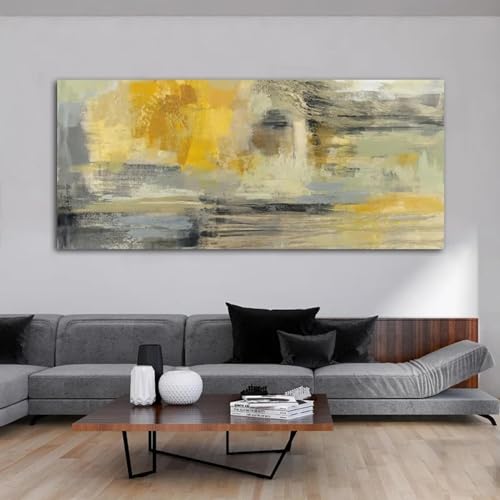 Tableau d'art mural pour salon moderne peinture jaune abstraite sur toile 60x120