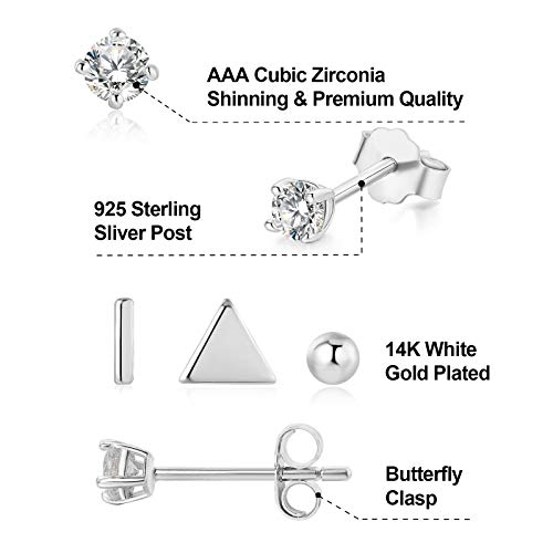 Sterling Silver Stud Earrings - 4 Pairs Small Silver Ball Earrings Triangle Stud Earrings Round CZ Earrings Bar Earrings Set Hypoallergenic Cartilage Tragus Earrings(3mm2&5mm2)2