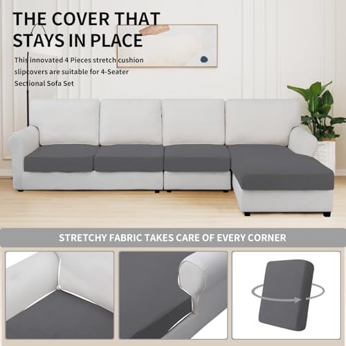 Image of Easy-Going Stretch 4 Pieces Couch Cushion Covers for Sectional Sofa L Shape | 3 Seater + 1 Chaise Lounge Left /Right L Sofa Seat slipcover Anti-Slip Sofa Cover Soft Grey