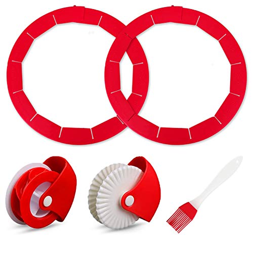 Kincown [NEW UPGRAD] 2 Adjustable Pie Crust Protector Shield+2 Pastry Wheel Decorator and Cutter+1 Baking Brush,Lattice Pizza Pastry Pie Crust Cutter,Pastry Cutter Wheel for Baking Beautiful Pie Crust