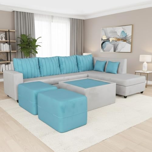 Image of CASASTYLE Stylano 8 Seater Fabric RHS L Shape Sofa Set with 1 Centre Table & 2 Ottoman (Sky Blue-Light Grey) 8-Person Seating with Premium Velvet Finish