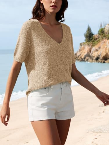 Image of Saodimallsu Womens Short Sleeve Sweater Summer V Neck Casual Tops Lightweight Loose Knit Pullover Shirts