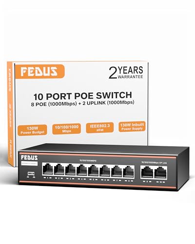 Image of FEDUS NextSwitch-8000FG 10 Port Gigabit PoE Switch (8 PoE+ Ports 1000Mbps, 2 Gigabit Uplink) 130W Built-in Power, IEEE 802.3af /at Active PoE, Unmanaged Metal LAN Network Hub for IP Cameras, NVR, VoIP