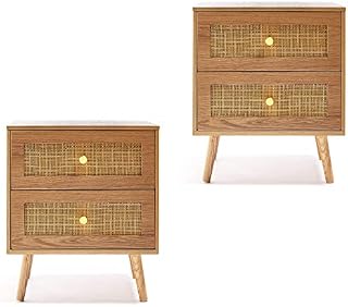 BTFY Rattan Bedside Tables Set of 2 - Nightstands w Ash Wood Veneer - Wicker Bedside Cabinets - Scandi Style 2 Drawer Bedside Tables for Bedroom w Tapered Legs & Gold Handles - Side Tables Living Room