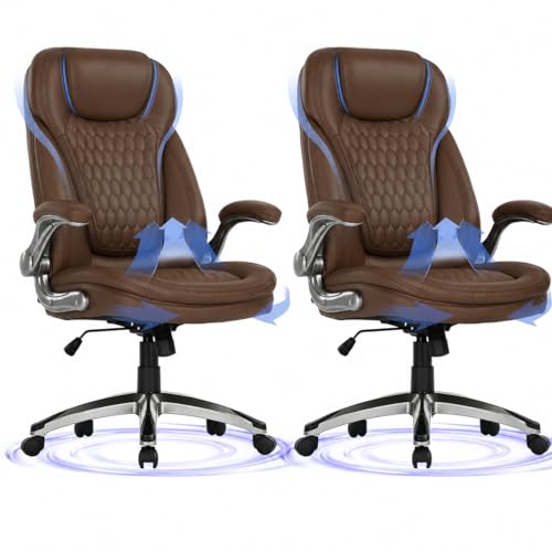 Image of COLAMY High Back Executive Office Chairs Set of 2, Ergonomic PU Leather Desk Chairs with Flip-Up Armrests, Adjustable Height, Lumbar Support, Comfortable Computer Chairs for Home Office, Brown