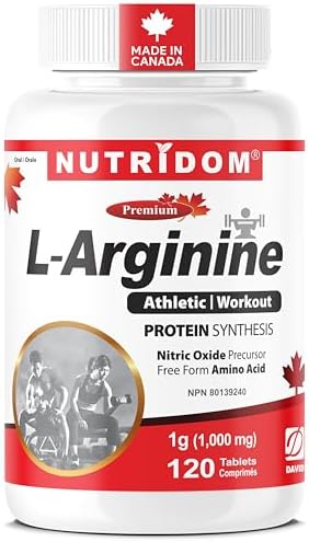 NUTRIDOM L-Arginine 1000 mg per Tablet – Nitric Oxide Precursor for Energy, Circulation, and Protein Metabolism – Non-GMO, Vegan, Gluten-Free, Made in Canada (120 Count)