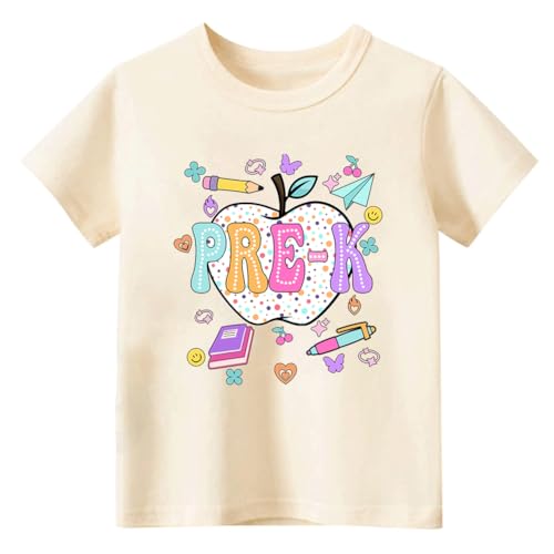 Kids Toddler Boys Girls Back to School Shirt First Day of Preschool Prek-k T-Shirt Short Sleeve Top(5-6T Beige Pre-K)