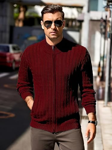Image of TYSORT Men's Cotton Full Sleeve High Neck Full Zipper Sweater for Men, Cable Knitted Cardigan for Men