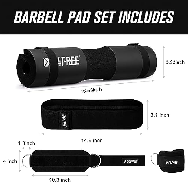 G4Free 9Pcs Barbell Pad Set for Squat, Hip Thrusts, Lunges, Leg day, Standard Olympic Bars with 2 Gym Ankle Safety Straps, 3 Hip Resistance Bands, 2 Lifting Strap, Barbell Pad, and Carry Bag