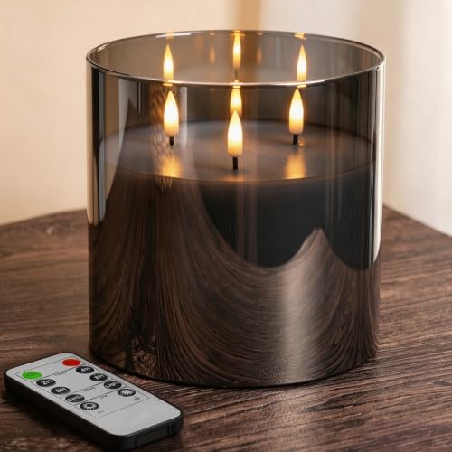 Eywamage Large 3 Wick Grey Glass Flameless Pillar Candle with Remote