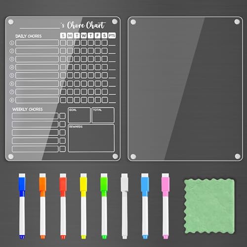 Image of PigPotParty Clear Acrylic Magnetic Chore Chart and Blank Memo Whiteboard for Fridge, 2 Pack 9.5 inchx12 inch Dry Erase Board to Do List Meal Planner for Adult Teens Kids Family, Include 8 Markers & 1 Towel