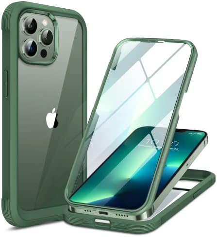 Miracase Glass Case Compatible with iPhone 13 Pro 6.1, [Built-in Glass Screen Protector] Full Body Rubber Bumper Clear Back Case Cover (Aqua Blue)