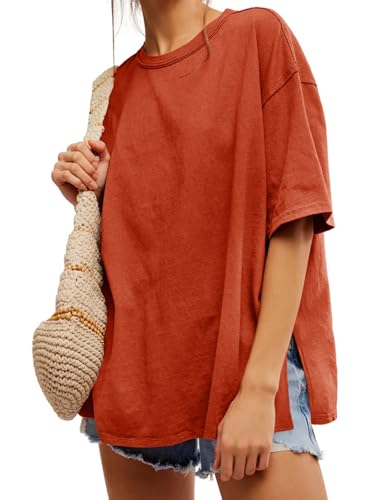 Image of Tankaneo Womens Oversized Tshirts Summer Casual Short Sleeve Crew Neck T Shirt Loose Fit Side Slit Tee Tops