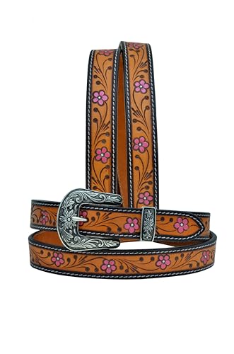 Western Tooled Pink Floral Hand Finished Leather Belt For Women, Kids, Girls Belt 40AB004