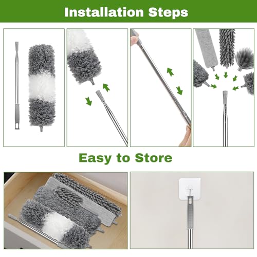 Miniatura 5 de Alitree 7 Piezas Plumero Telescopico Extensible, Microfibra Lavable Plumero Atrapapolvo Longitud 40-250cm, Plumero De Limpieza Reutilizable, Para Huecos, Techos, Telarañas, Ventiladores De Techo