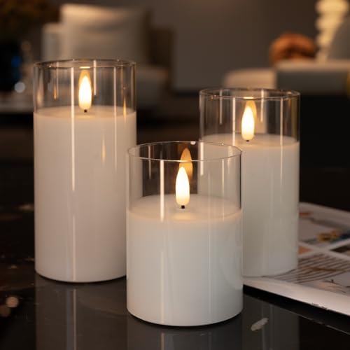 Image of Color Changing Flameless Candles Remote Timer Party Decor Set of 3 | Multicolor Light, White Glass, Real Wax, Steady LED Flame, 18 Key Remote, Timer, 3 Sizes, Set Of 3