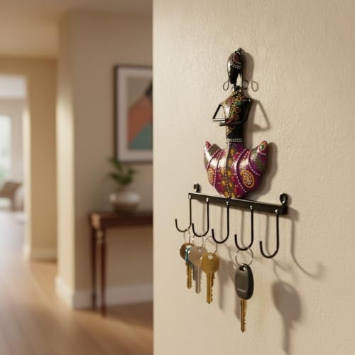 Image of Lamcy Plaza Wall Hanging Key Holder with Hooks | Durable & Lightweight Metal Key Chain Stand | Decorative Wall Mount Key Organizer for Office, Entrance & Home (Couple (Blue, Pink))