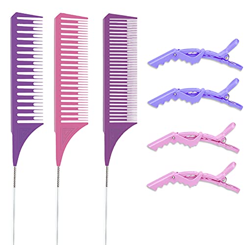 Freeorr 3 Sizes Highlighting Comb with 4 Pcs Alligator Hair Clips, Professional Weaving Teasing Styling Dyeing Heat Resi