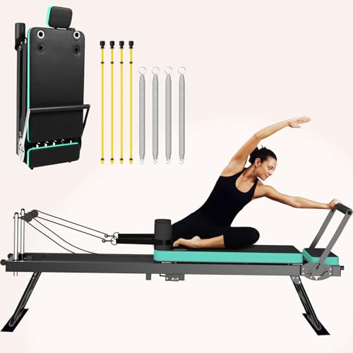 DQI Pilates Reformer,Foldable Reformer Pilates Machine,Pilates Reformer for Home Use,Adjustable Resistance Reformer Pilates Machine with Wheels, Compact Pilates Equipment for Full Body Training Blue