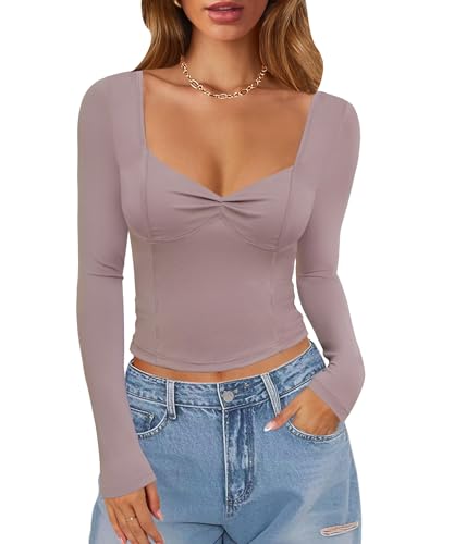 Zanvylia Womens Going Out Tops Sexy V Neck Long Sleeve Pleated Bustier Shirt Trendy Seamed Cup Y2K Cropped Top Mocha