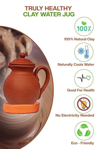Village Decor Handmade Terracotta Water Jug/Pitcher - 51 Oz Drinking Jar with Glass - Image 5