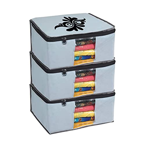 Image of PrettyKrafts Large Saree Cover With Creative Prints, Wardrobe Organiser, Clothes Cover & Storage, Zip Closure and Transparent Window | Clothes Storage Bag | Set of 3, Grey | Size: 40 x 35 x 20 cm