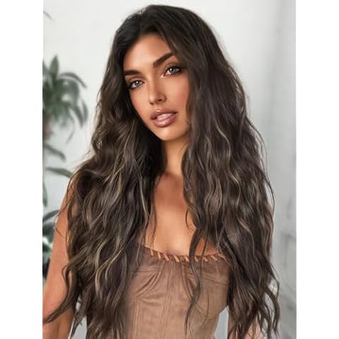 AISI HAIR Long Brown Highlight Wavy Wig for Women, Middle Part Lace Curly Wavy Wig Brown Mix Blonde Synthetic Heat Resistant Fiber Hair Full Wig for Daily Use Cover