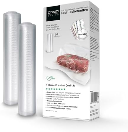 CASO 8 Sterne Profi- Folienrollen 30x600 cm / 2 Rollen, Vakuumierbeutel für alle Vakuumierer, sehr stark & reißfest ca. 150µm, Vakuumbeutel Lebensmittel Vakuumiergerät, Sous Vide,