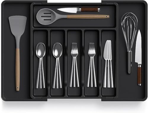 Aliza Expandable Kitchen Drawer Organiser & Utensil Holder - Black - Durable Cutlery Organiser for Spoons Forks Knives