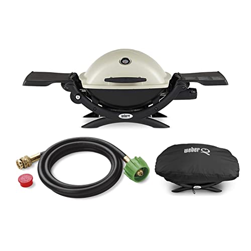 Weber Q1200 Liquid Propane Grill (Titanium) Bundle with Adapter Hose and Grill Cover (3 Items)