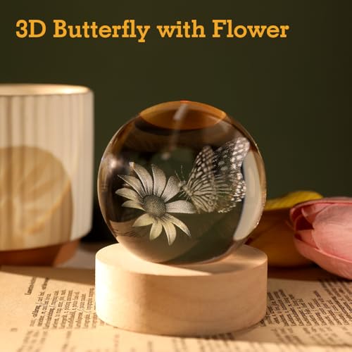 3D Butterfly Crystal Ball Butterfly in Glass Ball 60mm Decorative Gifts for Women with Multicolor Lighting Base