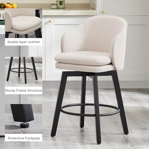 Counter Height Barstools 26 inch Upholstered Swivel Bar Stools with Back and Wood Legs for Kitchen Island,Set of 2,Beige Fabric - Thumbnail 4