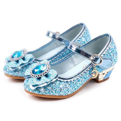 Eleasica Princesa Zapatos para Niña Tacón Altos Regalo Sandalias de Vestir Antideslizante Punta Cerrada Zapatos de Disfraz Boda Ceremonia Zapatos de Vestir,Azul,29