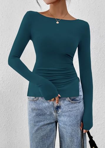 KIRUNDO Long Sleeve Going Out Tops for Women 2026 Spring Casual Boat Neck Workout Shirts Fall Fitted Side Slit Basic Tees(Lake Blue, X-Large) — view 4