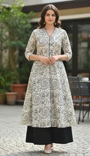 Image of CREATION & YOU Women Cotton Printed Kurta with Palazzo Set | Work /Office Wear Kurta Set for Women