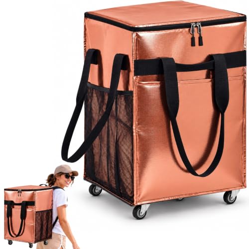 YARDA Rolling Tote Bag, Insulated Grocery Bag with 5 Wheels, 69L Rose Gold