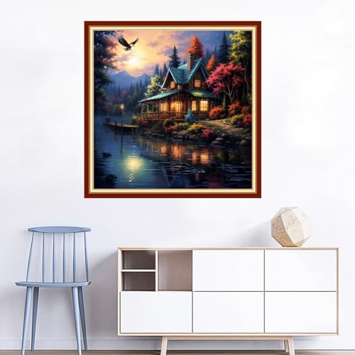 Image of Joyhoor Cross Stitch Kits for Beginners Stamped Cross-Stitch Supplies Needlework preprint Embroidery Kits for Adults DIY Needlepoint Kits Embroidery Patterns 11CT-Night Moon Scenery 18x18 inchs