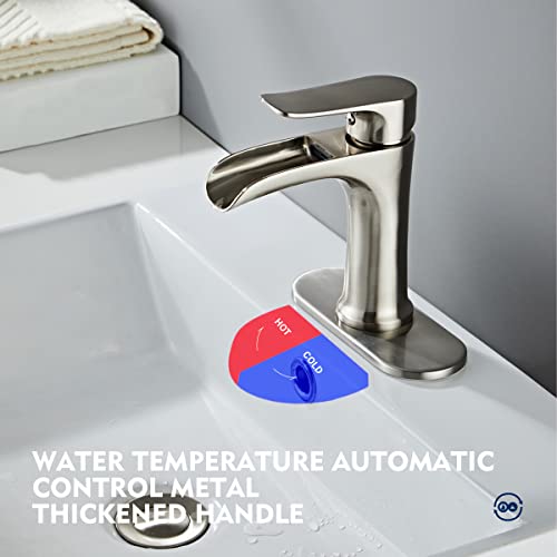 Brushed Nickel Bathroom Faucet, Yundoom Waterfall Bathroom Faucet Pop Up Drain, Single Hole Bathroom Faucet, Single Handle Bathroom Sink Faucet, Bathroom Faucets Brushed Nickel, Vanity Sink Faucet #TOP3